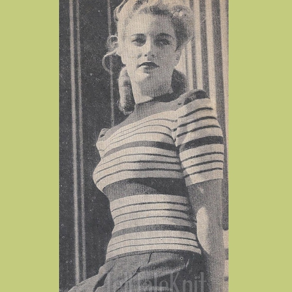 1940s Striped Puff Sleeve Jumper - Vintage Knitting Pattern PDF (Utility Sweater Women's Weekly)