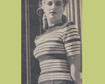 Jersey de manga abullonada a rayas de la década de 1940 - Patrón de tejido vintage PDF (suéter utilitario semanal para mujeres)