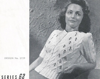 Cárdigan tirolés de celosía de diamantes de cable grueso de la década de 1940 - Patrón de punto vintage PDF (Tween Seasons 2729 Sun Glo)