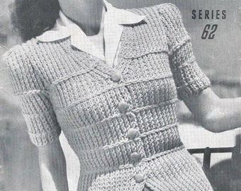 Cárdigan deportivo de costilla retorcida gruesa de la década de 1940 - Patrón de tejido vintage PDF (Sports Spectator 2727 Sun Glo)