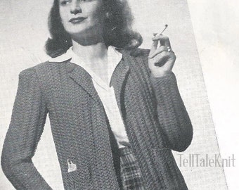 Cárdigan deportivo colegial de punto de musgo de la década de 1940 - Patrón de tejido vintage PDF (Costa Sur 2753 Sun Glo)