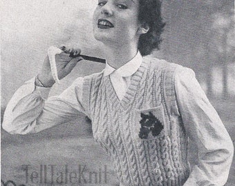 Chaleco con cuello en V y cable de caballo occidental novedoso de la década de 1950 - Patrón de tejido vintage PDF (Pullover Stitchcraft para montar a caballo)