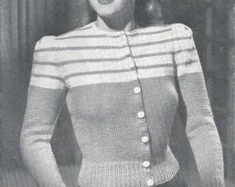 Cárdigan de rayas simple de la década de 1940 - Patrón de tejido vintage PDF (Wind Breaker 2726 Sun Glo)