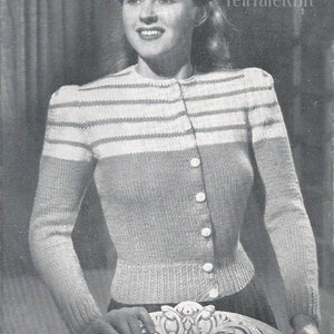 Cárdigan de rayas simple de la década de 1940 - Patrón de tejido vintage PDF (Wind Breaker 2726 Sun Glo)