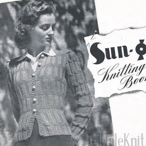 1940s Sporty Collegiate Puff Sleeve Cardigan - Vintage Knitting Pattern PDF (Morning Shadows 2737 Sun Glo)