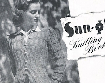 Cárdigan deportivo colegial de manga abullonada de la década de 1940 - Patrón de tejido vintage PDF (Morning Shadows 2737 Sun Glo)