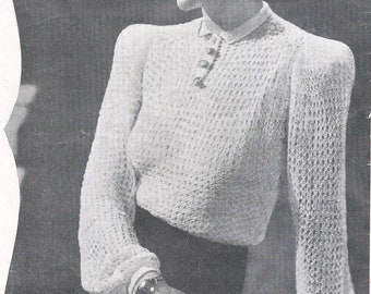 Blusa de punto con manga globo de encaje de la década de 1940 - Patrón de tejido vintage PDF (Medlow 2477 Sun Glo)