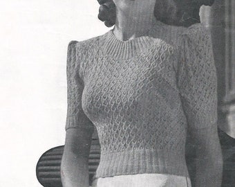 Jersey de manga abullonada con patrón de diamantes de la década de 1940 - Patrón de punto vintage PDF (Vacaciones 2516 Sun Glo)