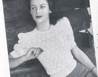 Jersey de manga abullonada de encaje de la década de 1940 - Patrón de punto vintage PDF (Glenelg 2430 Sun Glo)