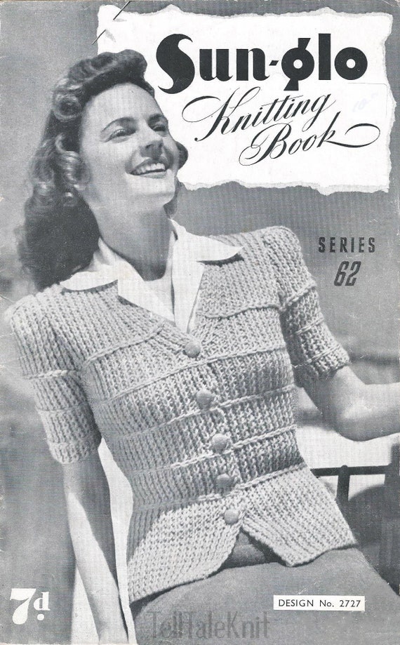 1940s Chunky Twisted Rib Sports Cardigan - Vintage Knitting Pattern PDF  (Sports Spectator 2727 Sun Glo)