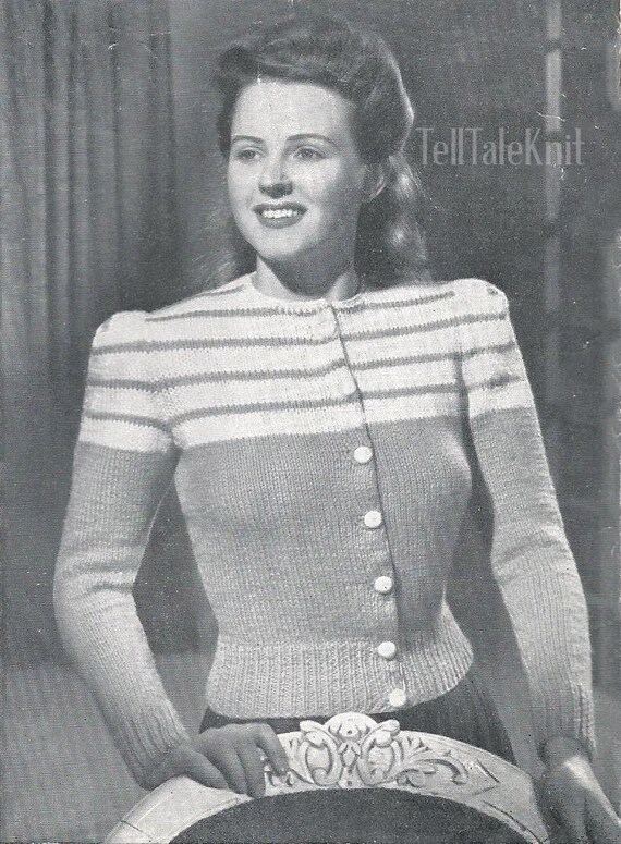 1940s Simple Striped Cardigan Vintage Knitting Pattern PDF (Wind Breaker 2726 Sun Glo)