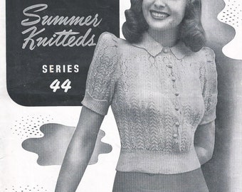 Jersey de manga abullonada con cable de encaje de la década de 1940 - Patrón de tejido vintage PDF (Southport 2375 Sun Glo)