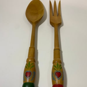 Vintage Decorative Tole Painted Salad Serving Fork and Spoon