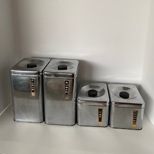 Vintage MCM Lincoln Beautyware Metal Kitchen Canister Set  Four Piece- Flour Sugar Coffee Tea 1950’s Mid Century Modern