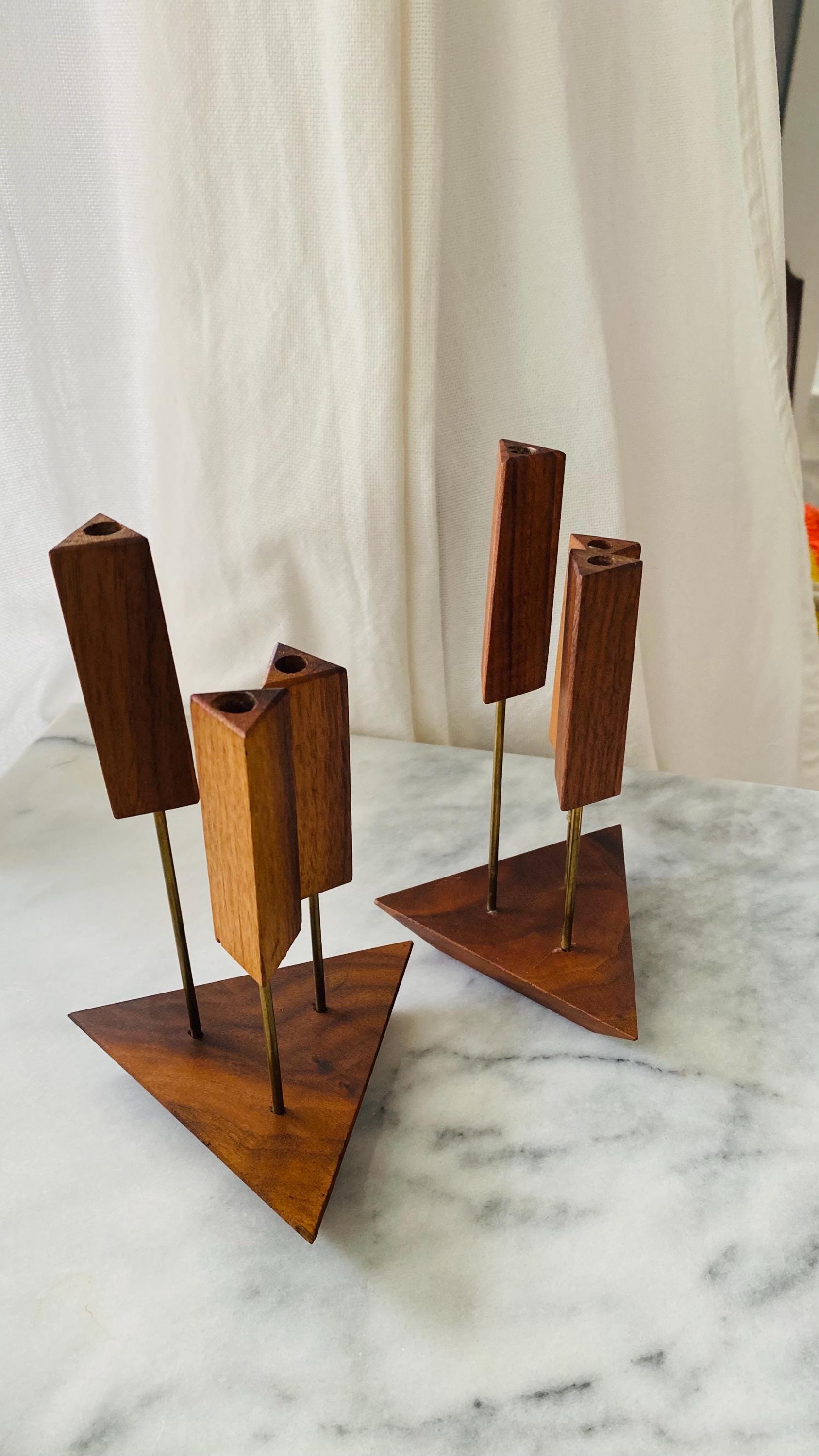 Vintage Danish Modern Teak Wood Candle Holders Mid Century Modern Taper ...