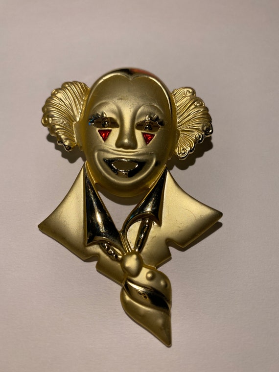 Vintage Clown Pin Brooch Signed AJC Gold Tone