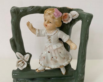 Vintage Ucagco Porcelain Bud Vase Victorian Girl with flowers made in Japan.