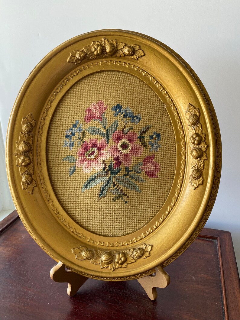 Antique Floral Needlepoint Gold Oval Frame - Etsy