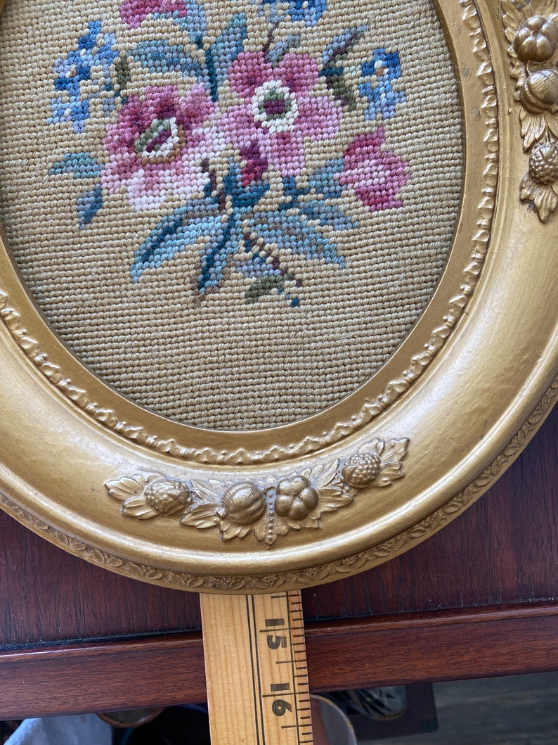Antique Floral Needlepoint Gold Oval Frame - Etsy