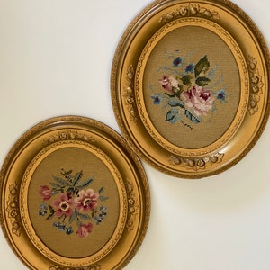 Antique Floral Needlepoint Gold Oval Frame