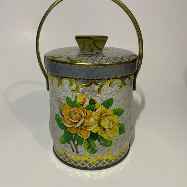 Vintage English Murray and Allen Confections Tin with lid and handle Floral Rose Pattern with Gold Accents