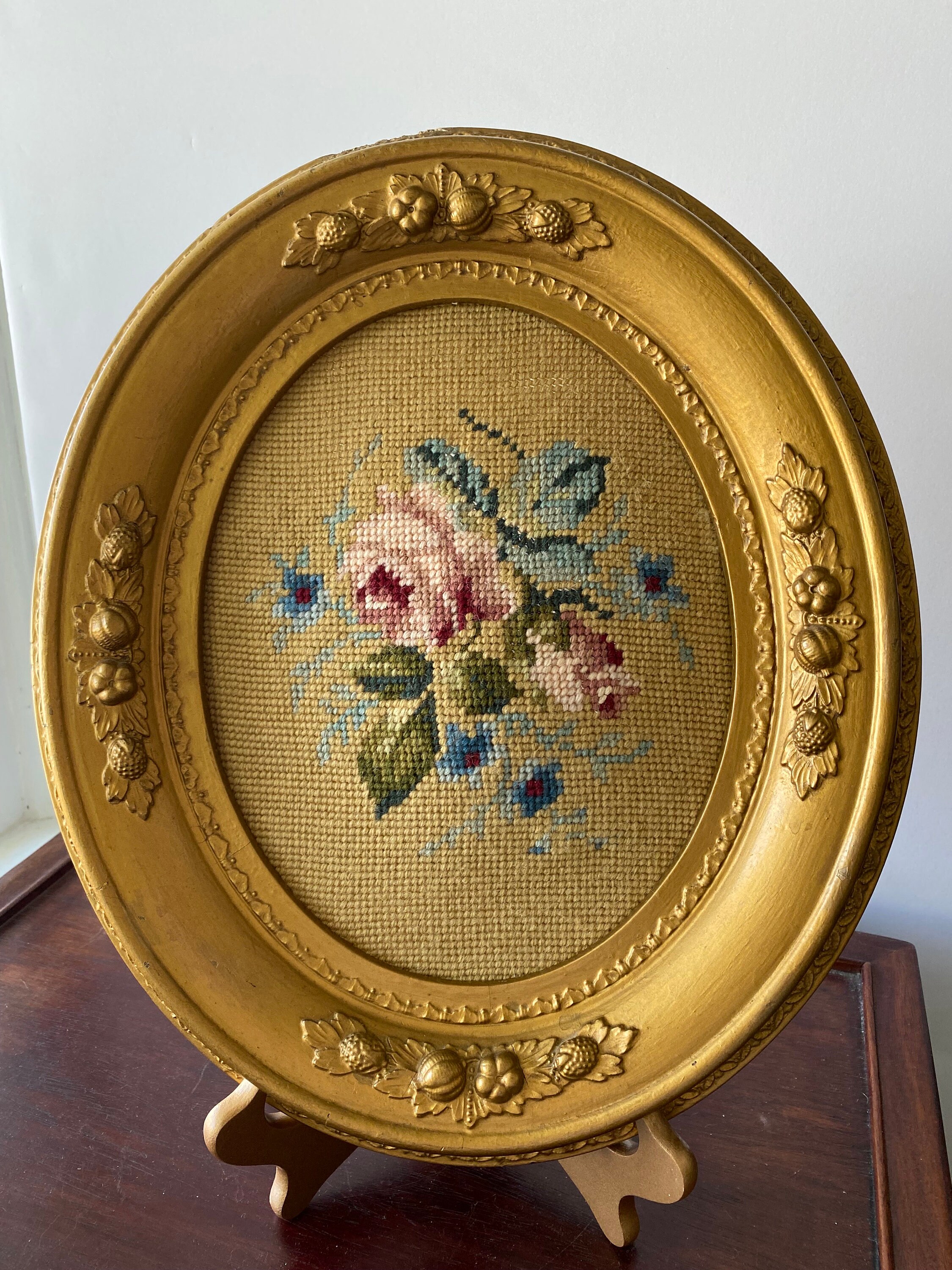 Antique Floral Needlepoint Gold Oval Frame - Etsy