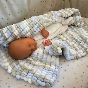 Handmade Pom Pom Baby Blanket: Soft Knit, Neutral Colors