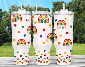 Super Cute Rainbow Themed 40oz Hydro Style Tumbler that includes a lid with handle attached