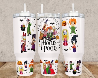 Halloween Hocus Pocus Cartoon 40oz Hydro Style Tumbler that includes a lid with handle attached