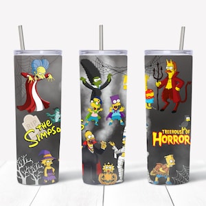 May include: Three stainless steel tumblers with different Halloween-themed designs featuring characters from The Simpsons. The designs include a witch, a zombie, and a devil. The tumblers have black and white backgrounds with colourful characters and text. The text on the tumblers reads "The Simpsons" and "Treehouse of Horror".