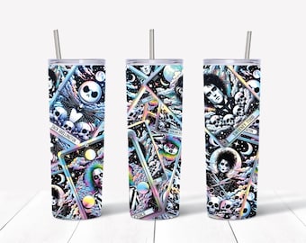 May include: Three stainless steel tumblers with colorful, psychedelic designs featuring characters from popular movies. The designs include Jack Skellington, Sweeney Todd, and a character from the movie Beetlejuice. The tumblers have a straw and a lid.