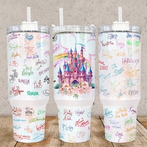 Famous Cartoon Autograph Tumbler 40oz Hydro Style Tumbler that includes a lid with handle attached