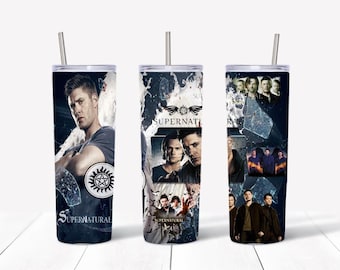 May include: Three stainless steel tumblers with a Supernatural theme. The tumblers feature images of the main characters from the TV show, including Jensen Ackles, Jared Padalecki, and Misha Collins. The tumblers are all black with a white background and have the words "Supernatural" printed on them.
