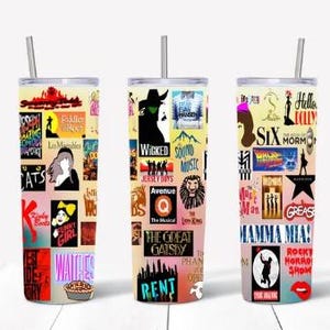 Envoltório para copo com colagem de musical da Broadway | Copo fino de 20 oz PNG | Download digital | Presente para amantes de teatro | Envoltório inspirado em cartaz de teatro