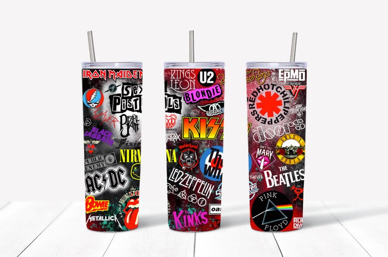 May include: Three stainless steel tumblers featuring a range of rock band logos and names printed on them. The tumblers are red, black, and pink with a white background. The logos include Iron Maiden, AC/DC, Metallica, KISS, The Beatles, Pink Floyd, Led Zeppelin, and more.