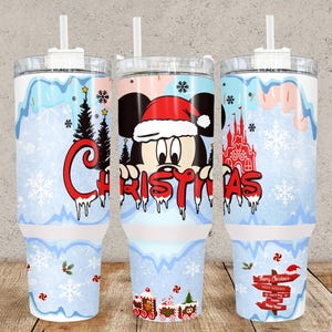Mouse Cartoon Christmas 40oz Hydro Style Tumbler that includes a lid with handle attached