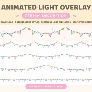 Twitch-overlay, geanimeerde lichtslinger decoratie, kawaii pastel vlag lint, viering, verjaardag, carnaval, gezellig