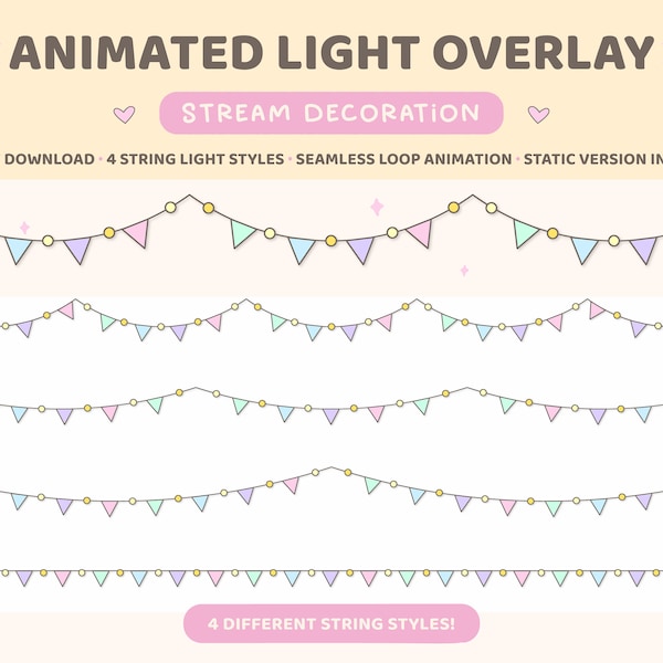 Twitch Overlay | Animated String Light Stream Decoration | Kawaii Pastel Flag Ribbon | 4 String Style | Celebration | Birthday | Carnival
