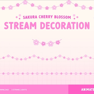 桜のTwitchオーバーレイ、桜のアニメーションストリングライトストリームデコレーション、パステルピンクのかわいい美学、春の花、Vtuber