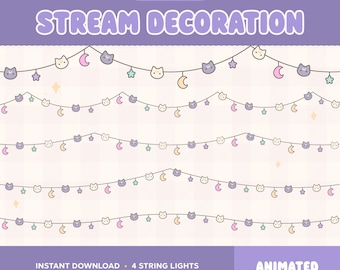 Animated Moon Cat Stream Decoration, Twitch Overlay, String Light Garland, Kawaii Fairy Light Stars