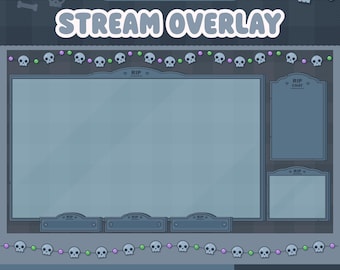 Animated Halloween Twitch Stream Overlay, RIP Tombstone Graveyard, Spooky Skulls, Customizable Layout, Gothic