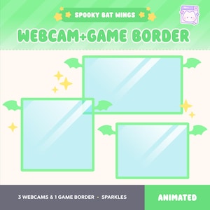 Puede incluir: Gráfico digital en verde claro y blanco. Presenta tres marcos de webcam y un borde de juego, cada uno delineado en verde con detalles de alas de murciélago. Se muestra el texto "WEBCAM+GAME BORDER", junto con "SPOOKY BAT WINGS" y "ANIMATED".