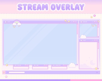 Overlay Twitch animé, style rétro lo-fi Windows, disposition personnalisable, nuages, lune et étoiles kawaii