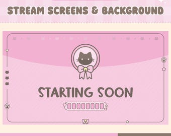 Écrans de stream animés Kawaii Cat, Overlay Twitch rose, Fond de chambre Vtuber, Démarrage imminent