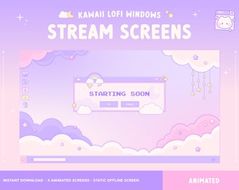 Animated Stream Screens x5 | Twitch Overlay | Retro Lofi Kawaii Windows Desktop | Cloud Moon | Starting Soon | Offline | Be Right Back