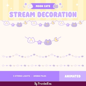Moon Cat Stream Decoration, Twitch Overlay, Animated String Lights, Pastel Kawaii Cute Aesthetic, Moon Stars Celestial Fairy Lights