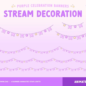 Birthday Stream Decoration, Animated Twitch Overlay, Pastel Purple Banner Star String Lights, Celebration Party Garland, Vtuber