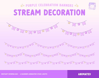 Birthday Stream Decoration, Animated Twitch Overlay, Pastel Purple Banner Star String Lights, Celebration Party Garland, Vtuber