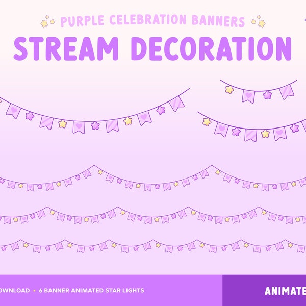 Birthday Overlay Twitch Animated, Pastel Purple Stream Decoration Banner String Lights, Star Shaped Fairy Lights, Party Garland, Vtuber