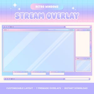 Può includere: Un set di sovrapposizioni per streaming digitale con una sfumatura di colore blu e viola pastello su uno sfondo a griglia. Il design include cornici in stile finestra per video in diretta, chat, webcam e barre di notifica per follower e donatori.